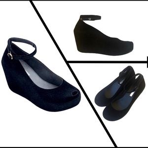 Melissa Black Velvet Mary Jane Platform Wedges